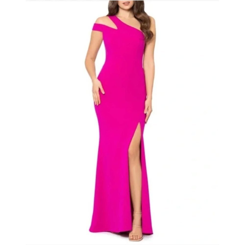 XSCAPE Size 4 One-Shoulder Cutout Crepe Scuba Gown in Fuchsia